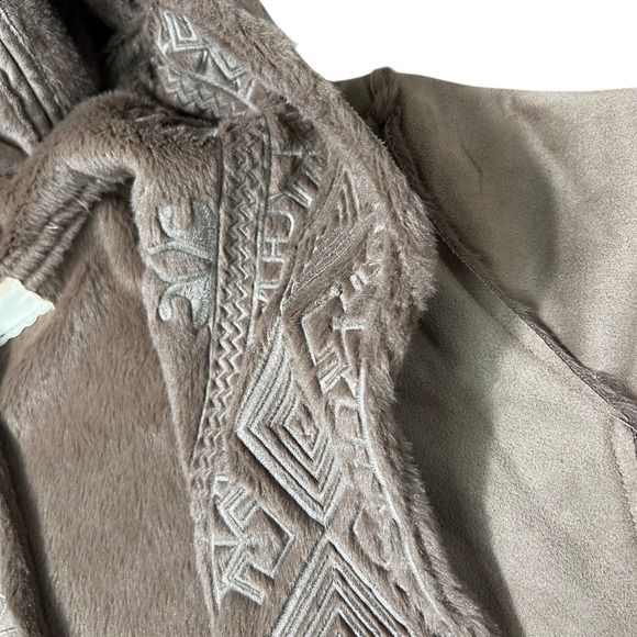 Sweet Jane Embroidered Hooded Faux Suede Fleece Lined Open Front Jacket Coat - Picture 13 of 15